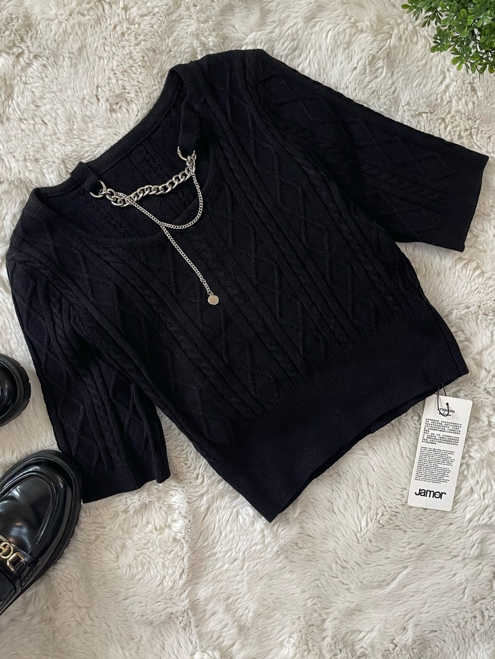 NWT Jamor Black Cable Knit Cutout Chain Sweater Top M
